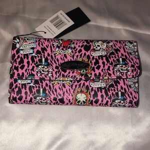 Ed Hardy Pink & Black Flap Wallet Leopard Print & Signature Skull Tattoos NWT